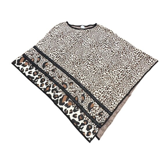 Chico's Poncho L/XL NWT Tan Brown Black Cheetah Trim Sweater Animal Print - Picture 3 of 11